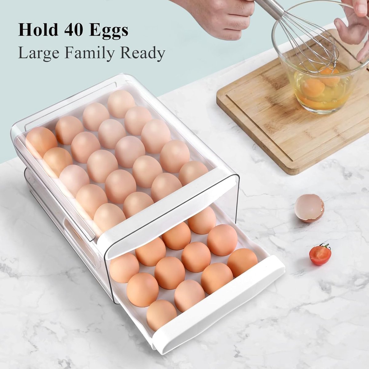 Stackable Egg Storage Box 40-Egg Capacity - Double-Layer Transparent Plastic White