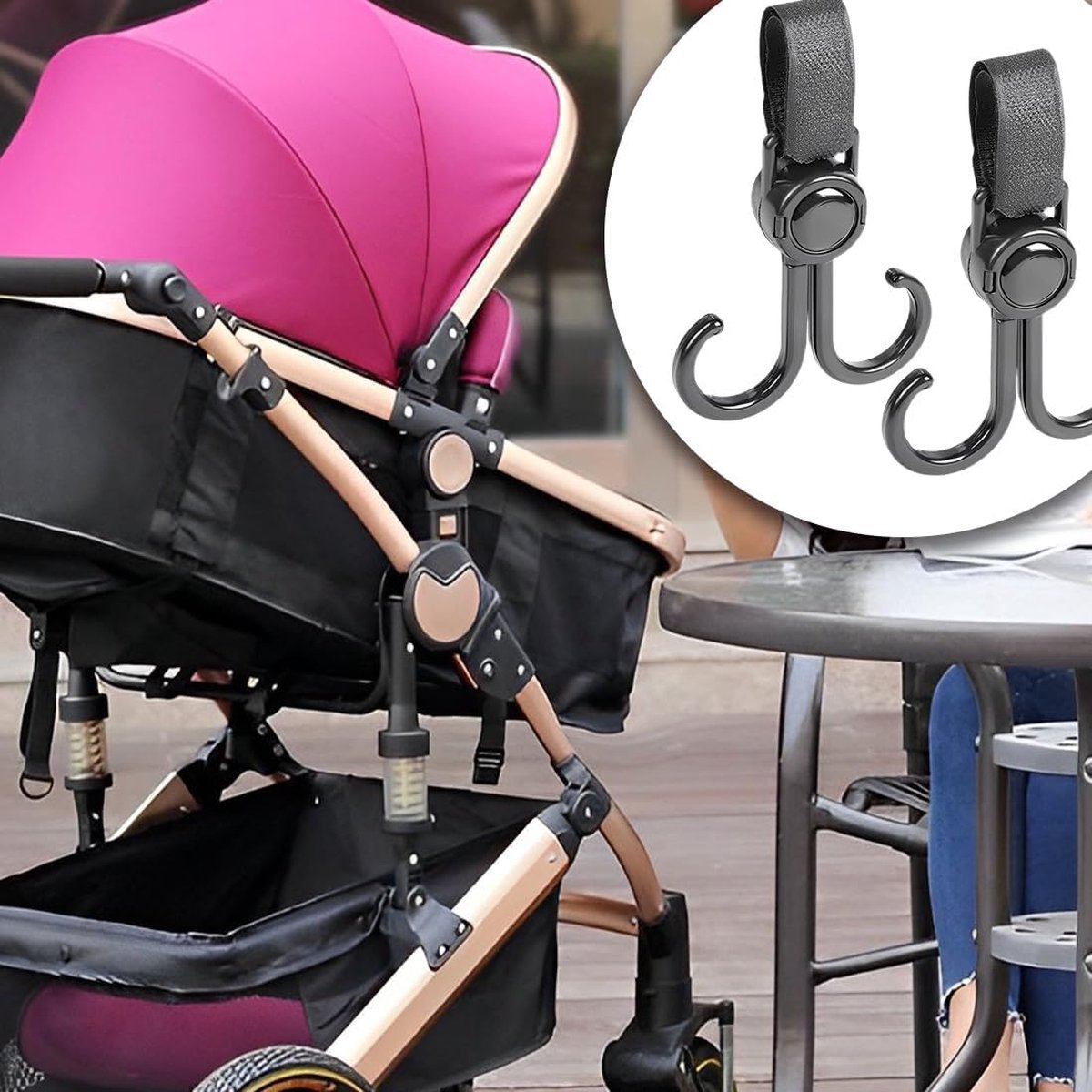 Stroller Bag Hooks 6-Pack - Universal Heavy Duty Buggy & Wheelchair Hooks Black