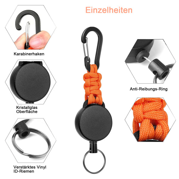 Retractable Key Rings Carabiner with 60cm Steel Cable and Key Ring 170g-200g Tensile Strength 3-Pack