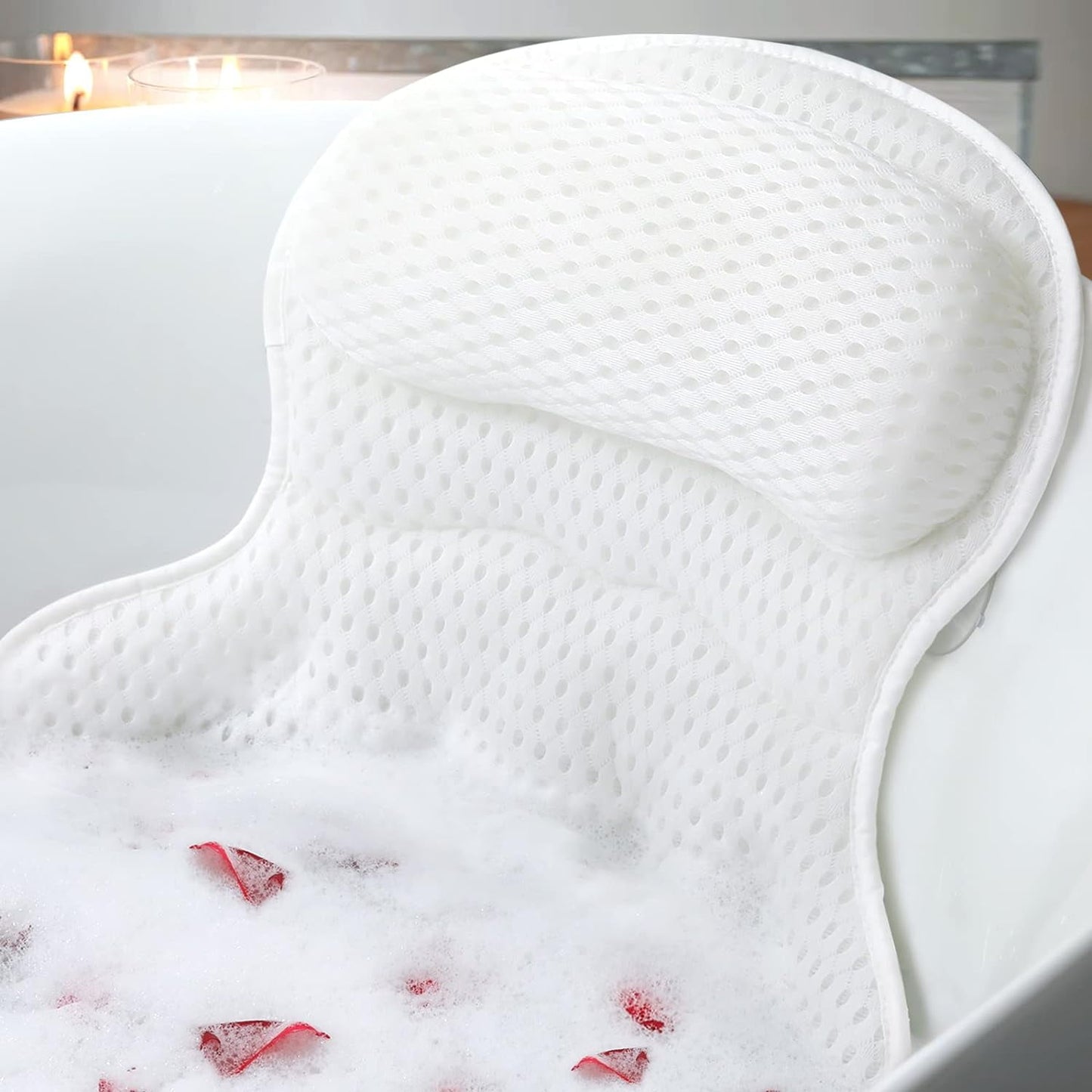 Bath Pillow with 4D Mesh & Non-Slip Suction Cups - Neck & Back Support for Tub