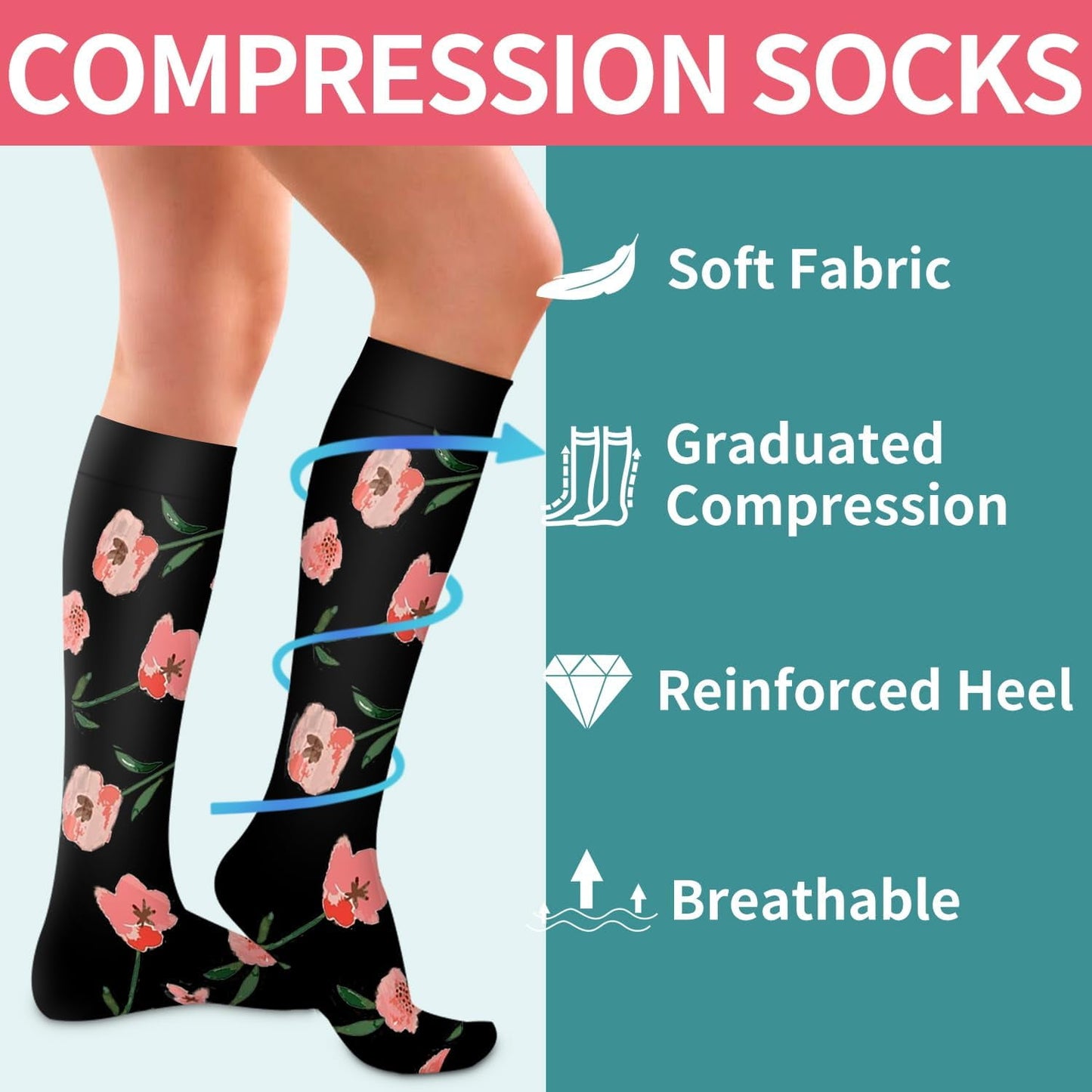 6Pairs Compression Socks for Women and Men - Best for Circulation, Running, Athletic, Recover, Nurse, Travel L/XL 06 Black Flower