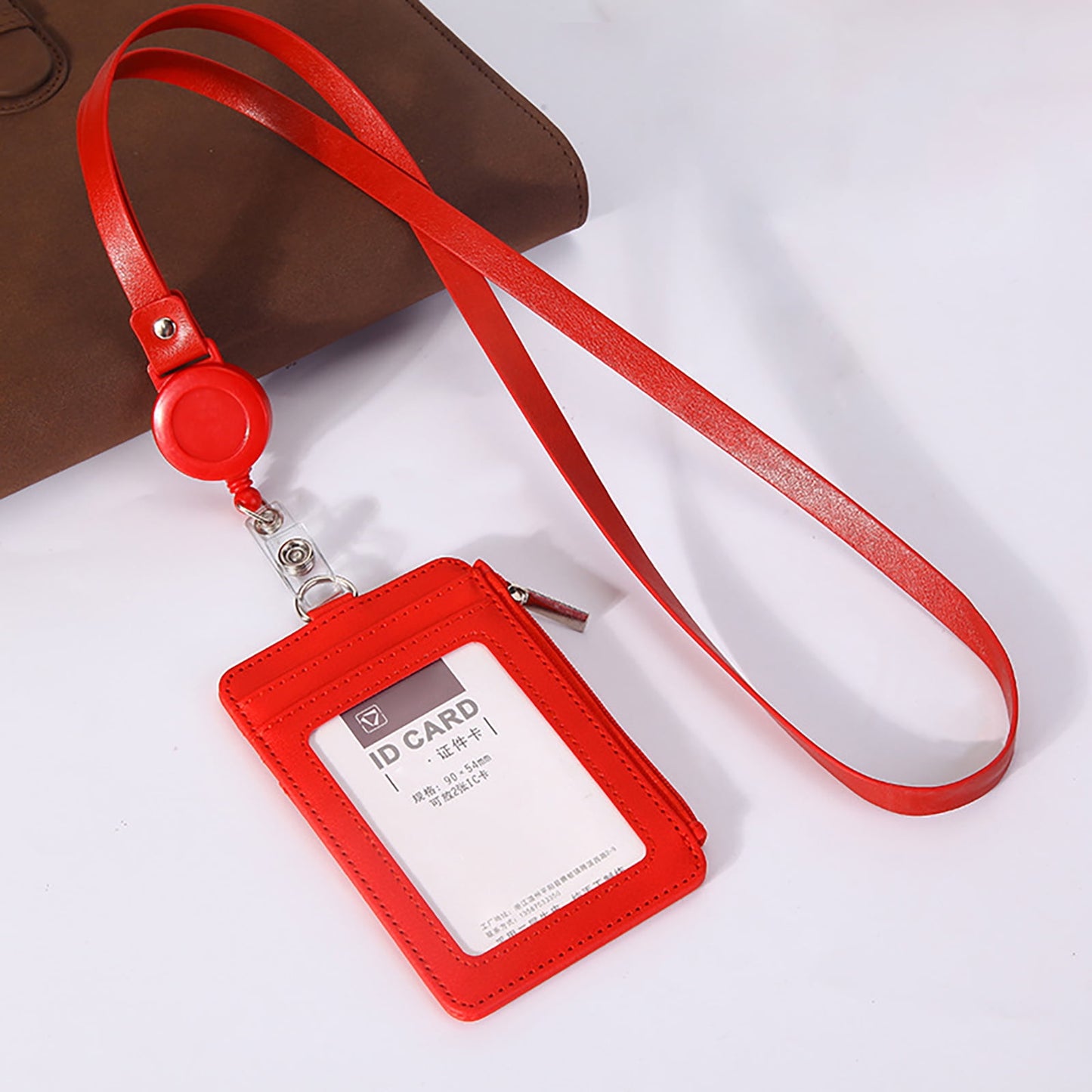 Slim PU Leather ID Badge Holder Wallet,with Zip, Neck Lanyard & Retractable Reel,ID Card Wallet, Badge Holder with Lanyard, PU Leather Badge Case, Retractable Badge Reel Holder(Red) Red