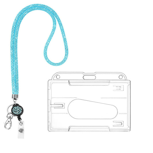 Retractable ID Badge Holder with Bling Neck Strap Lanyard, Heavy Duty Bling Badge Reel with Clear Card Holder for Office Worker Teacher Doctor (Sky Blue/1 Pcs) 3.54x2.64 3.54" x 2.64" Sky Blue