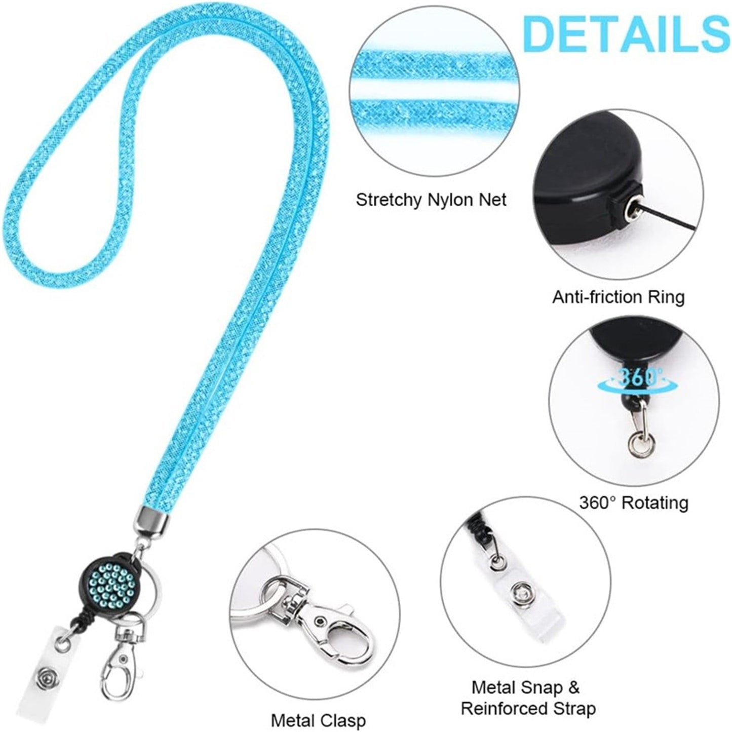 Retractable ID Badge Holder with Bling Neck Strap Lanyard, Heavy Duty Bling Badge Reel with Clear Card Holder for Office Worker Teacher Doctor (Sky Blue/1 Pcs) 3.54x2.64 3.54" x 2.64" Sky Blue