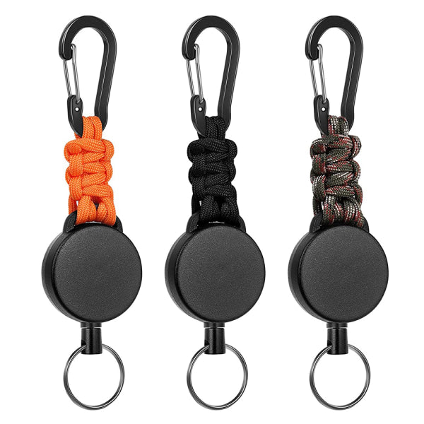 Retractable Key Rings 3-Pack - Carabiner with 60cm Steel Cable 170-200g Pull