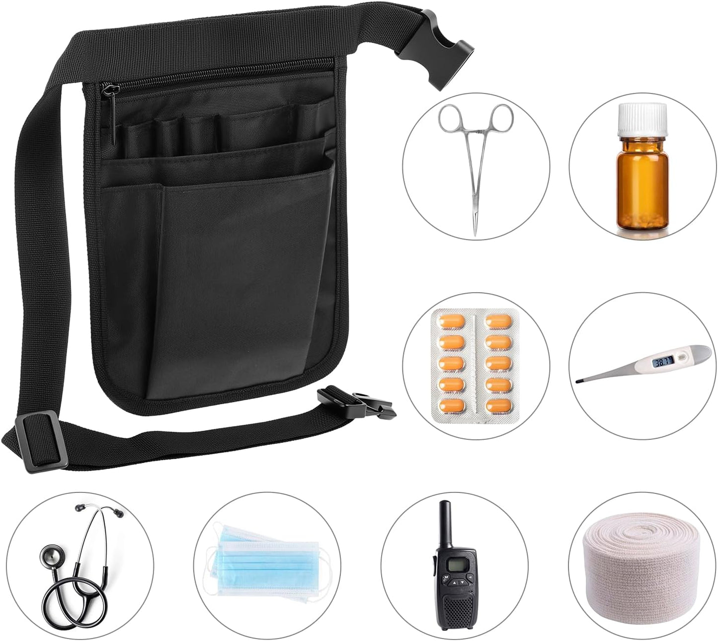 Medical Organizer Belt, Nurse Storage Bag Waist Bag Pouch for Medical Scissors Care Kit Tool, (Black, 10x7')