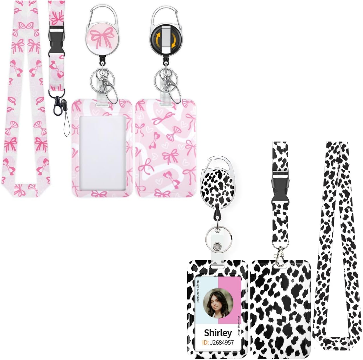 Bowknot & Leopard Print Sliding Badge Holder - Retractable Reel with Lanyard