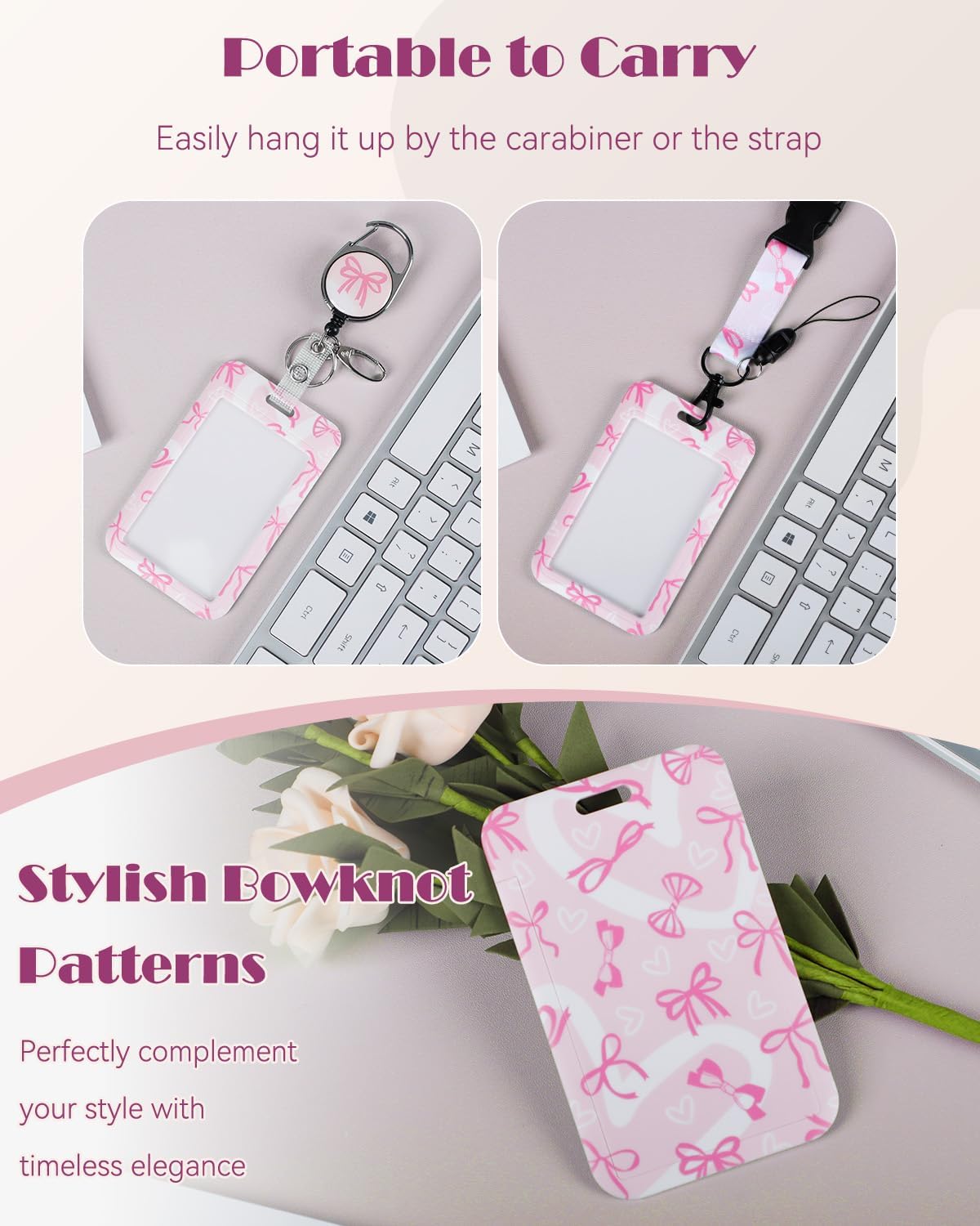 Bowknot & Leopard Print Sliding Badge Holder - Retractable Reel with Lanyard