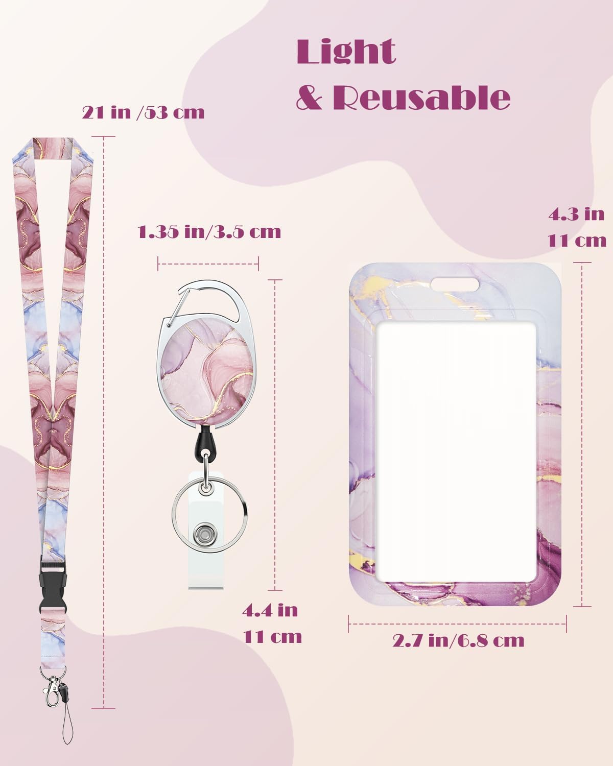 Pink Marble Pattern & Snow Leopard Print Plastic Card Holder with Retractable Badge Reel Carabiner Detachable Lanyard Vertical Card Protector for Office Worker Student