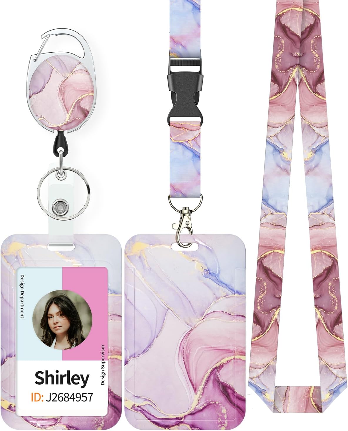 Pink & Black Marble Sliding Badge Holder - Retractable Reel with Carabiner Lanyard