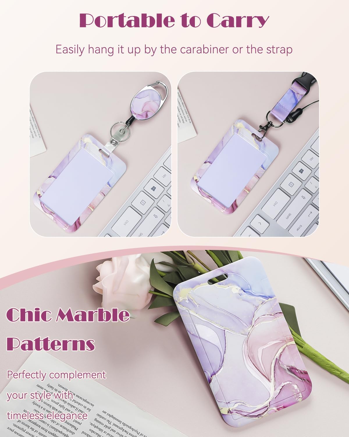 Pink & Black Marble Sliding Badge Holder - Retractable Reel with Carabiner Lanyard