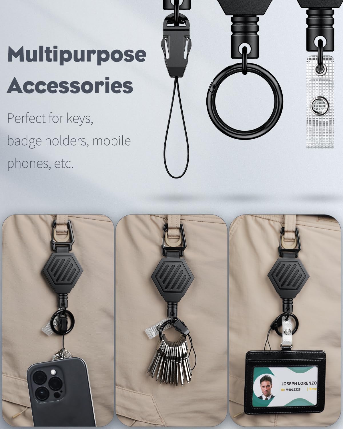 Heavy Duty Retractable Keychain with Magnetic Closure Retractable Badge Reel with3 Pack ID Badge Holder with Double-Sided Windows Horizontal Hard Plastic Case