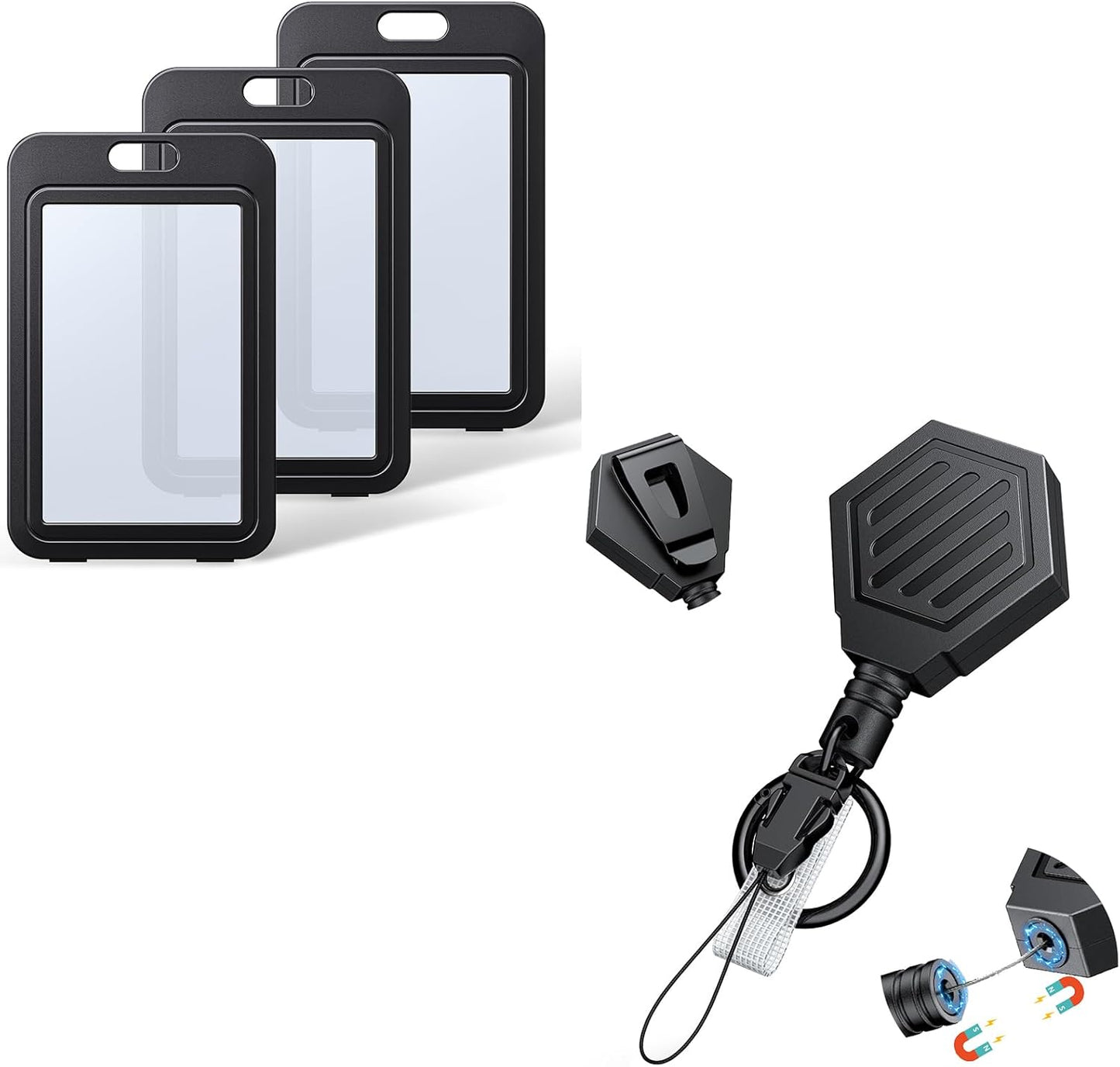 Magnetic Retractable Badge Reel 3-Pack - Double-Sided Vertical Hard Plastic Case