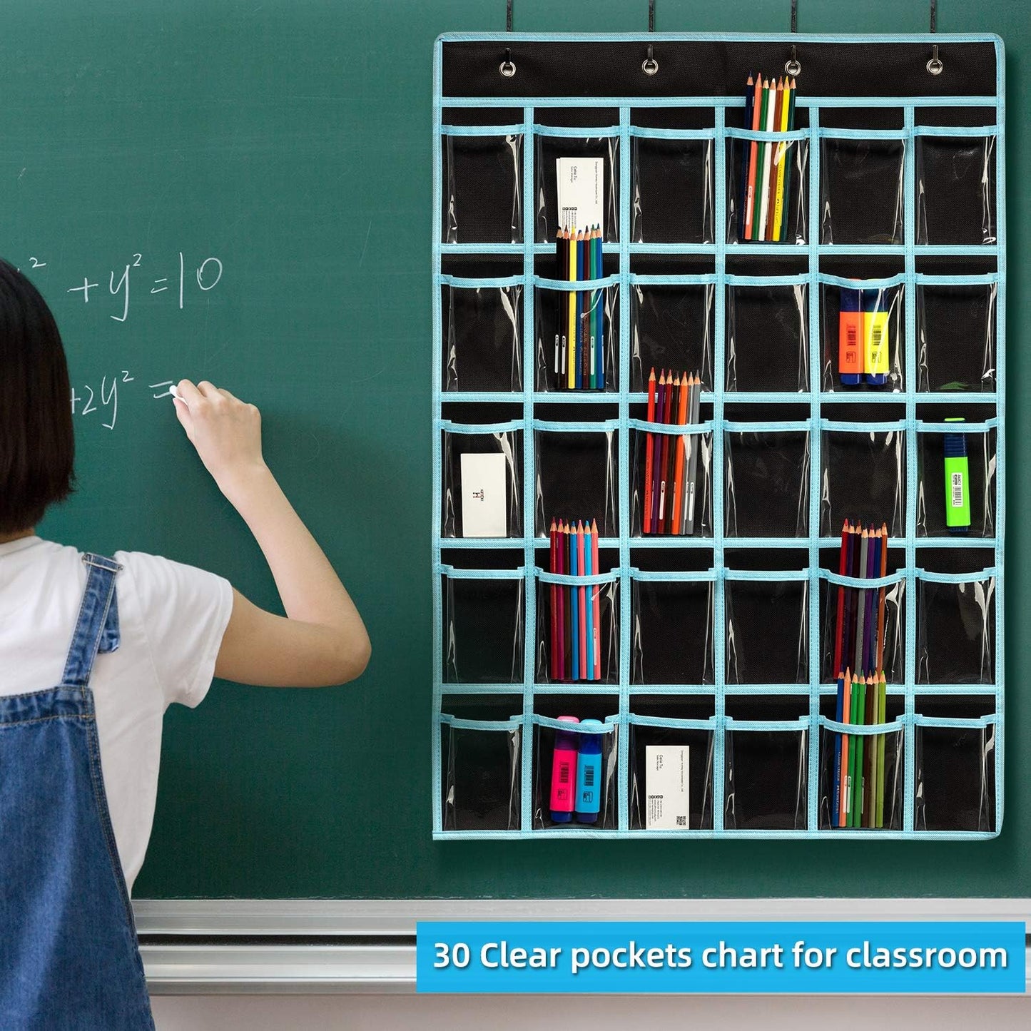 Classroom Pocket Chart Organizer - 30-Pocket Phone & Calculator Holder Black