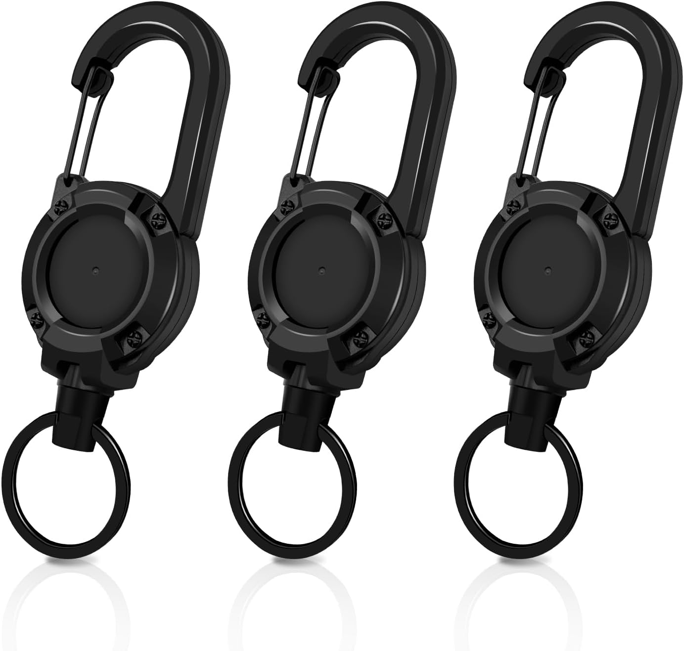 Retractable Keychain 3-Pack - Black Carabiner 60cm Extendable Key Ring