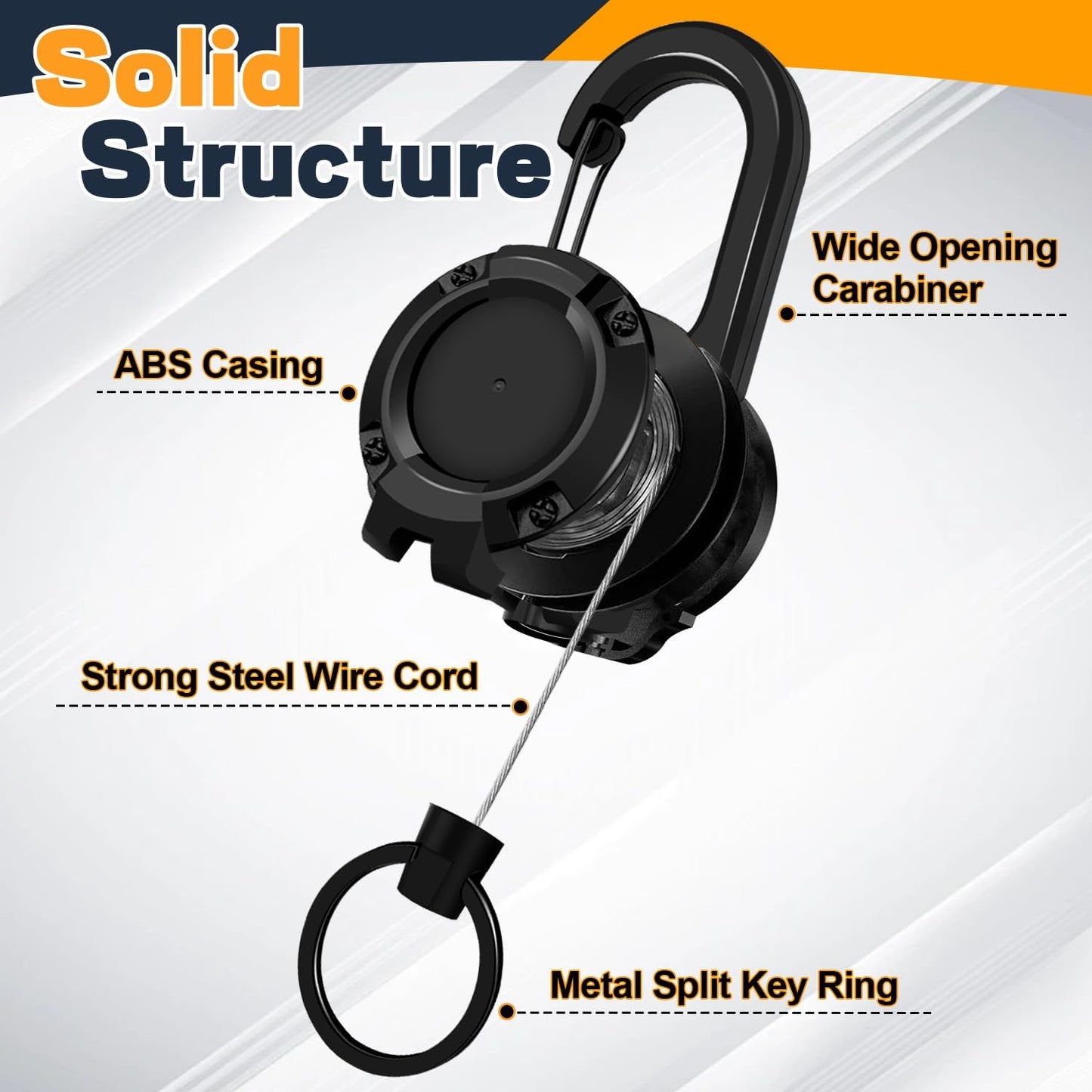 Retractable Keychain 3-Pack - Black Carabiner 60cm Extendable Key Ring