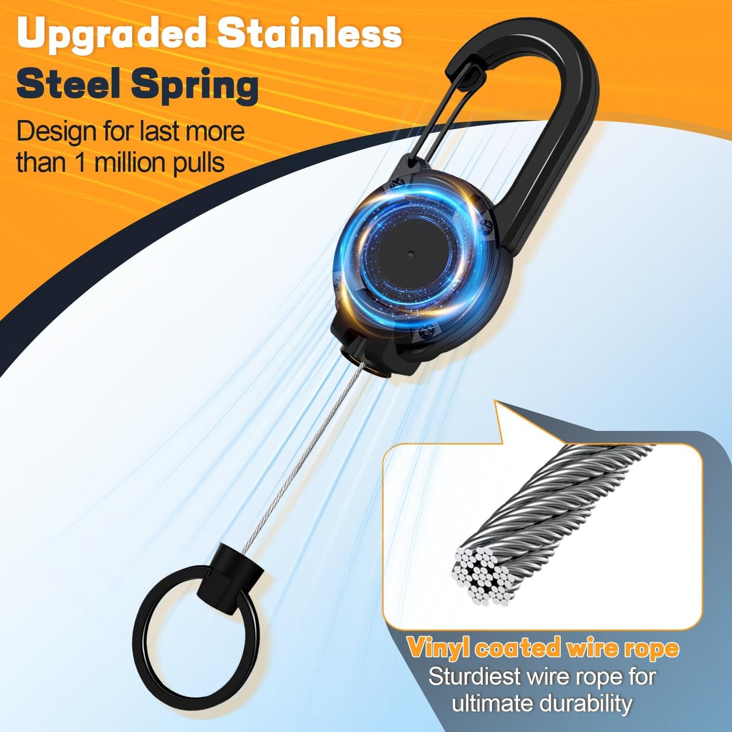 Retractable Keychain 3-Pack - Black Carabiner 60cm Extendable Key Ring