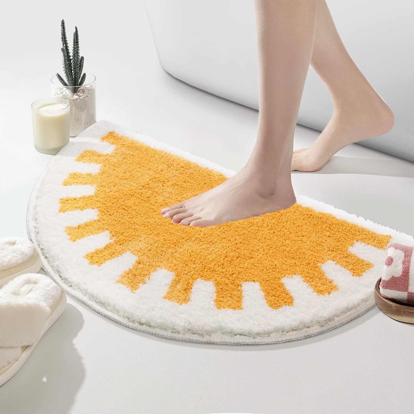 Bathroom Rugs Sun Bath Mat, Half Circle Cute Sunrise Bath Mat Soft and Fluffy, Water Absorbent Bath Rug Machine Washable Bathroom Mat