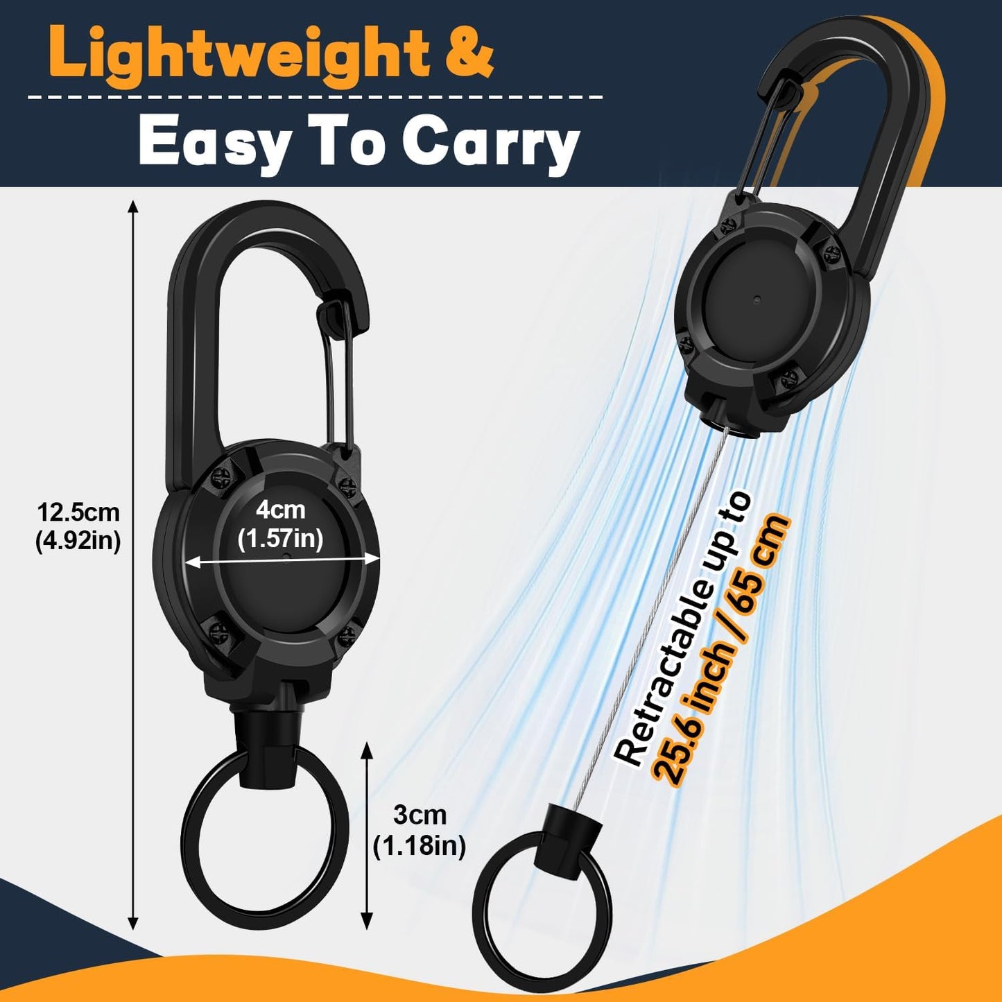 Retractable Keychain 3 Pack, Heavy Duty ID Badge Holder Reel, Multitool Carabine Key Holder for Keychain, Badge Holder with 25.6" Steel Retractable Cord Key Ring Clip, 8.8 oz (Black+Purple+Orange)
