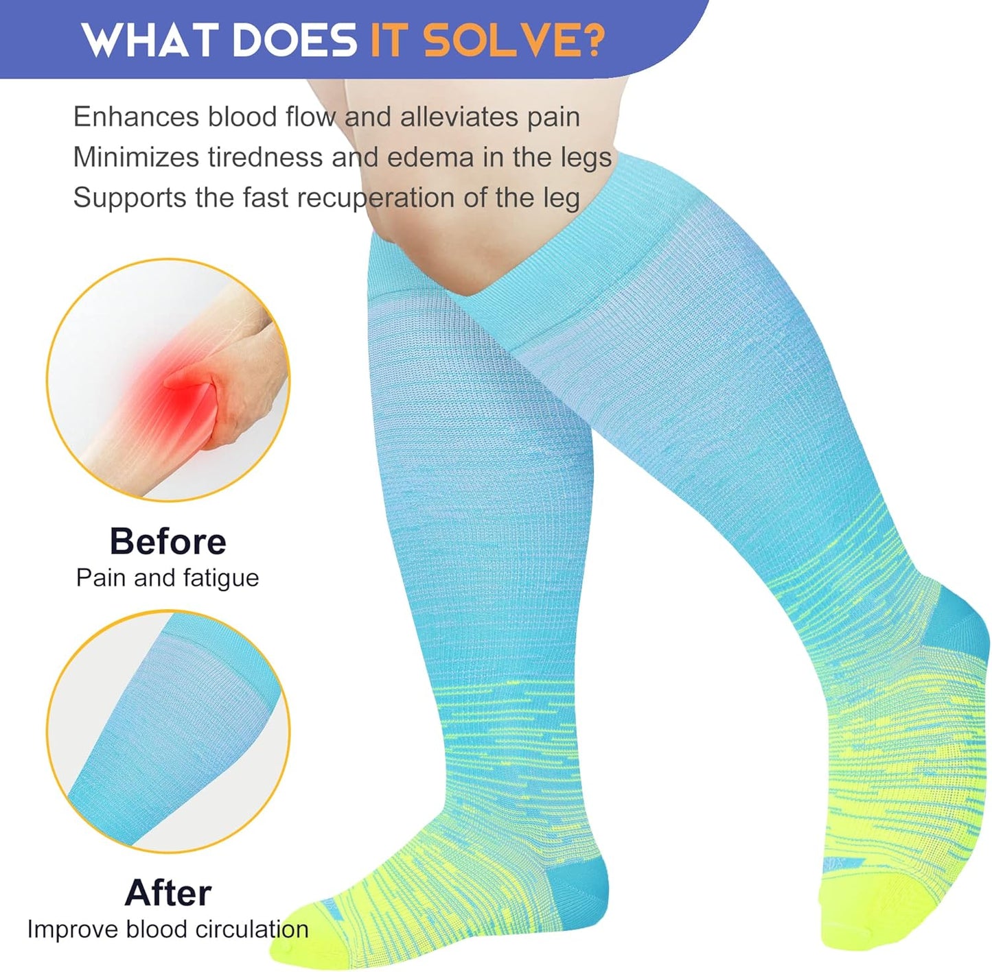 Plus Size Wide Calf Compression Socks 15-20mmHg - Knee High for Nurses & Travel