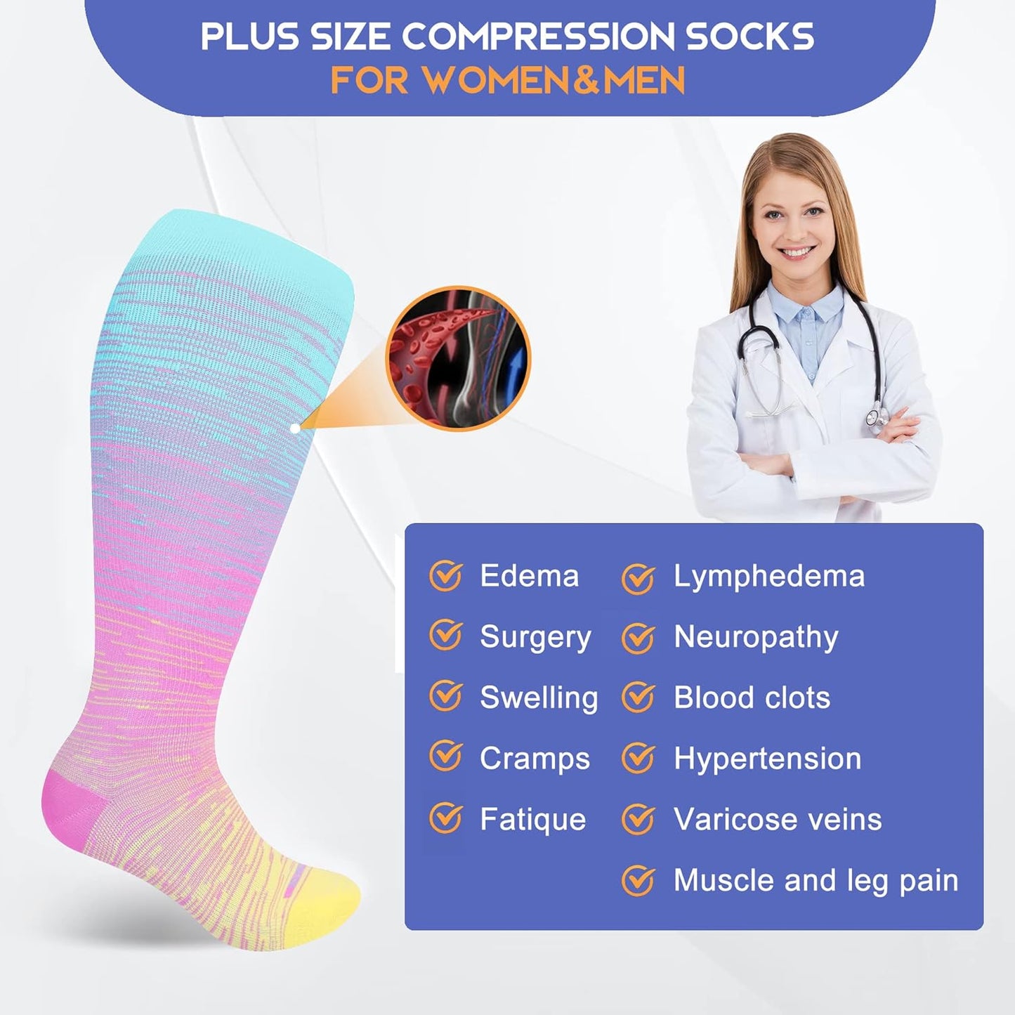 Plus Size Wide Calf Compression Socks 15-20mmHg - Knee High for Nurses & Travel