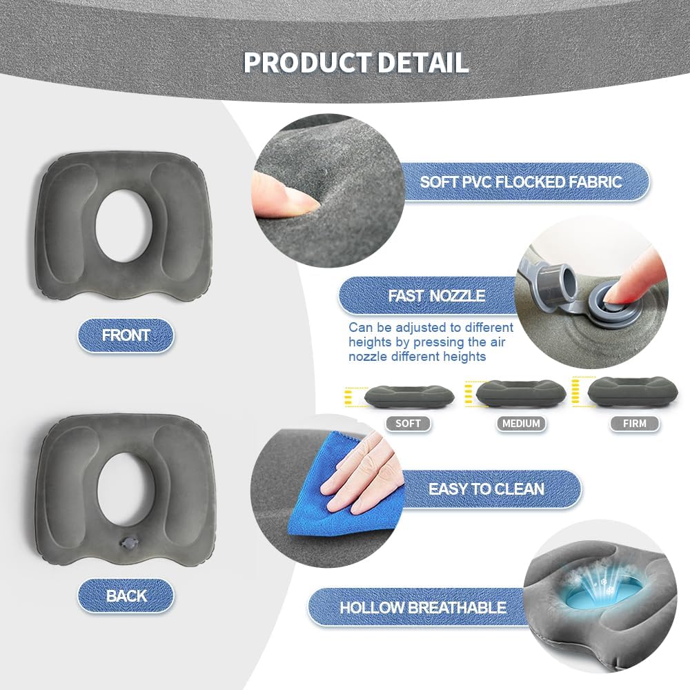 Inflatable Donut Cushion for Tailbone Pain Relief - Orthopedic Hemorrhoid & Sciatica Seat Cushion - Coccyx Cushion for Postpartum, Pregnancy, Office Chair, Car, Wheelchair & Post-Surgical Recovery (Grey)