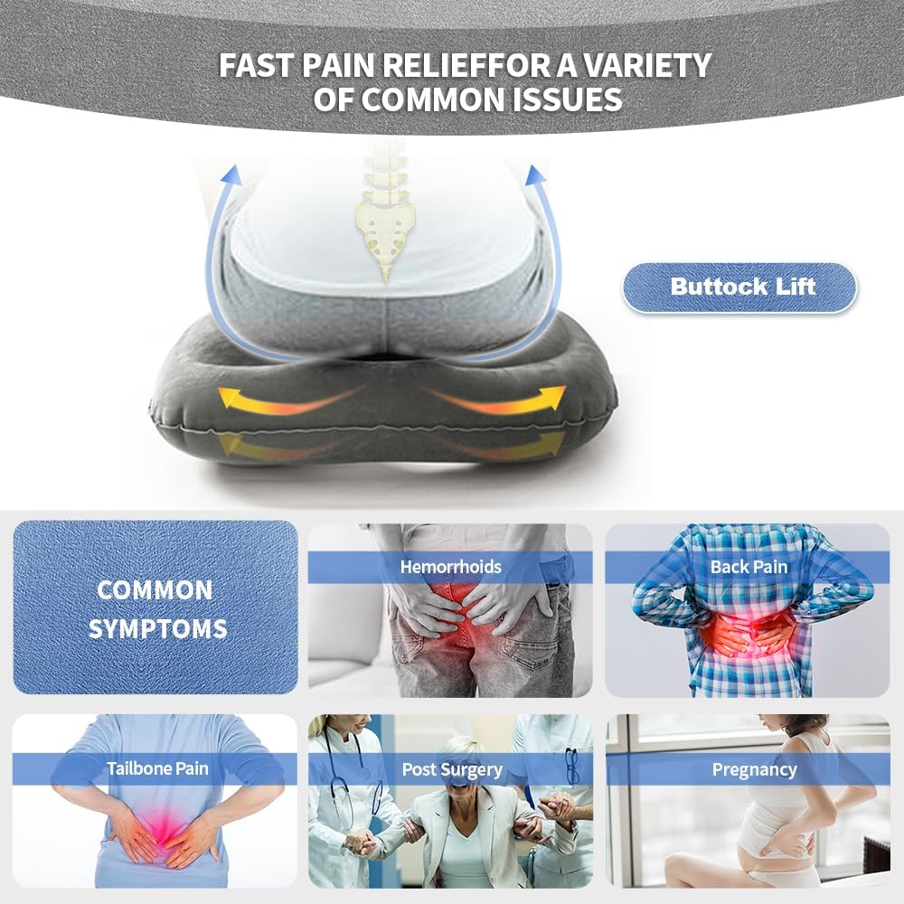 Inflatable Donut Cushion for Tailbone Pain Relief - Orthopedic Hemorrhoid & Sciatica Seat Cushion - Coccyx Cushion for Postpartum, Pregnancy, Office Chair, Car, Wheelchair & Post-Surgical Recovery (Grey)