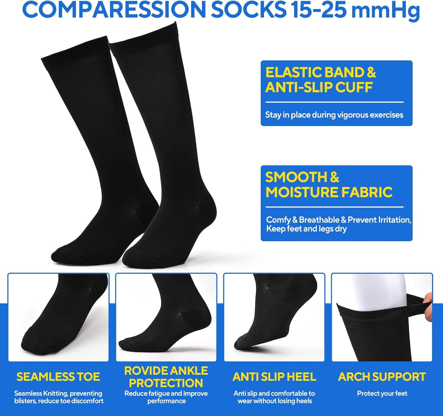 3 Pairs Compression Socks for Women & Men, Circulation 15-25mmHg Support Socks for Athletic, Running, Cycling, Nurse
