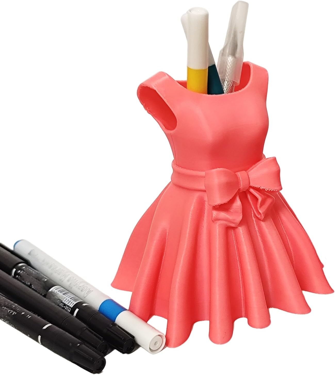 Pink Dress Pen Holder - 3D Printed Bow Desk Organizer for Pens & Brushes