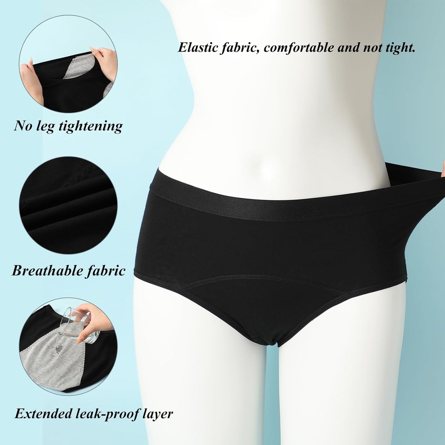 Women's Leakproof Period Panties 5-Pack - Cotton Breathable Heavy Flow Briefs