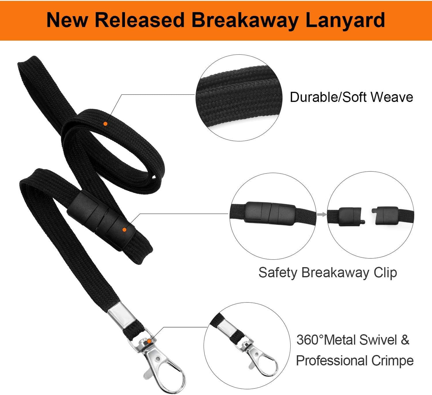 Breakaway Neck Lanyards Key Chain - Black Badge Lanyards or ID Badge Holders, Comortable Neck Straps