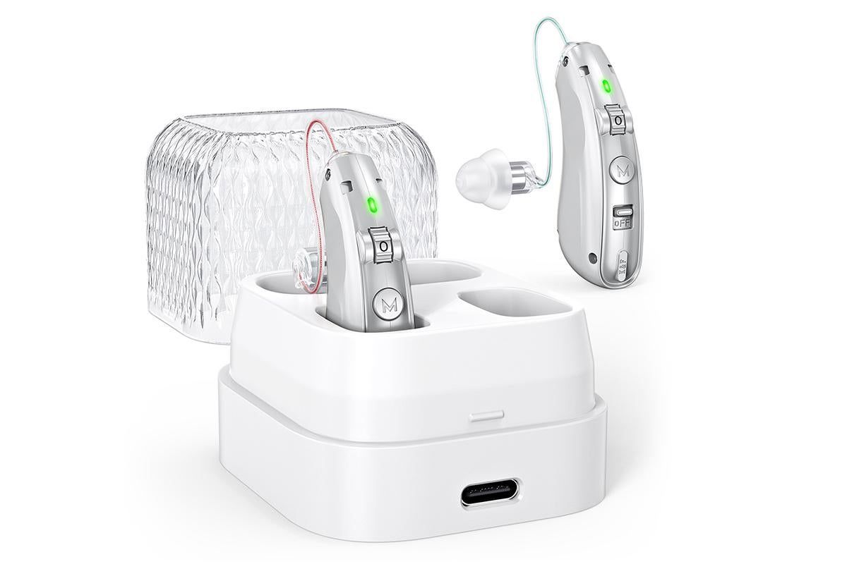 Smart Noise Reduction BTE Hearing Aid with Charging Case Rechargeable Sound Amplifier - Silver