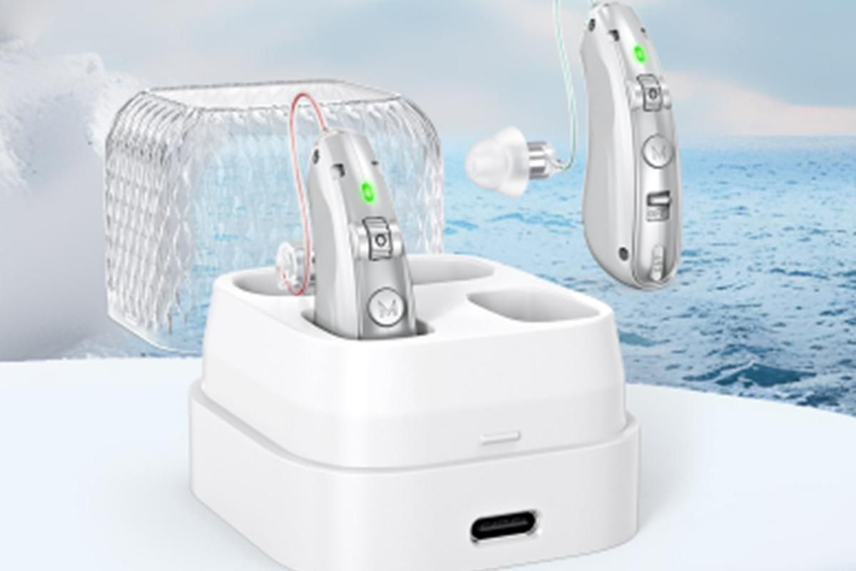 Smart Noise Reduction BTE Hearing Aid with Charging Case Rechargeable Sound Amplifier - Silver
