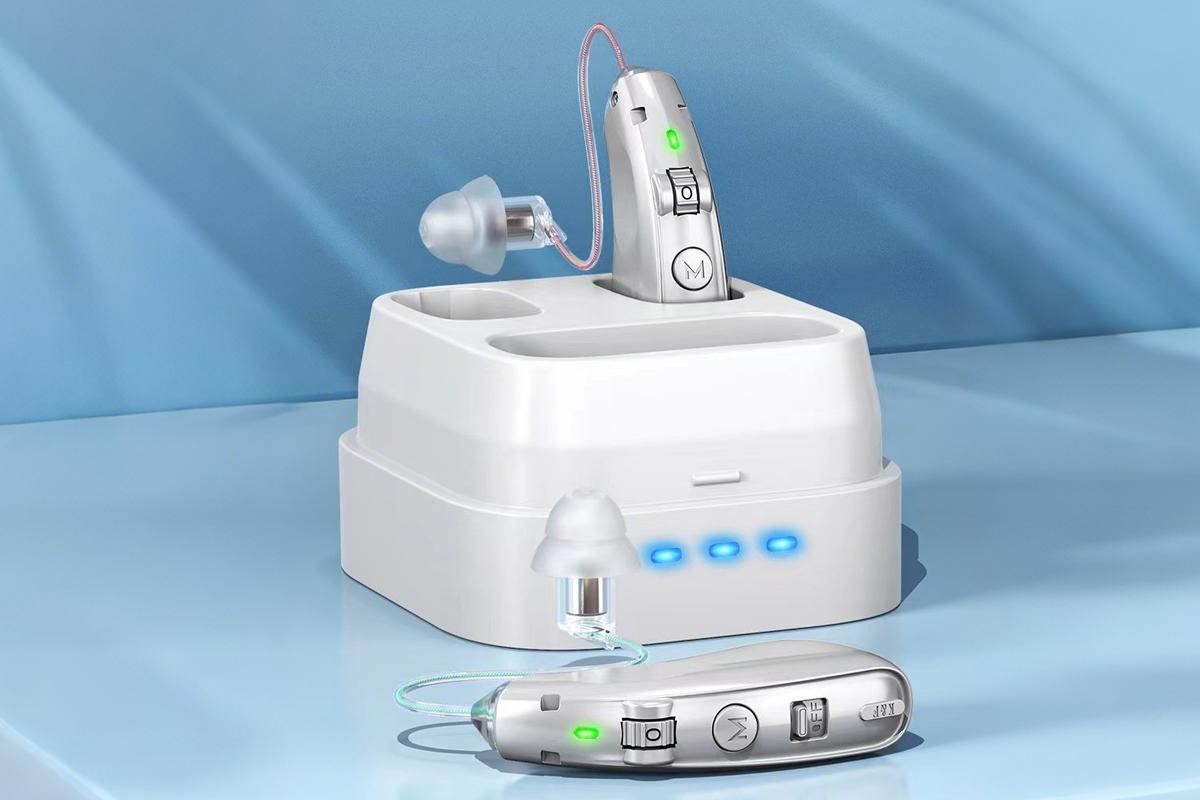 Smart Noise Reduction BTE Hearing Aid with Charging Case Rechargeable Sound Amplifier - Silver