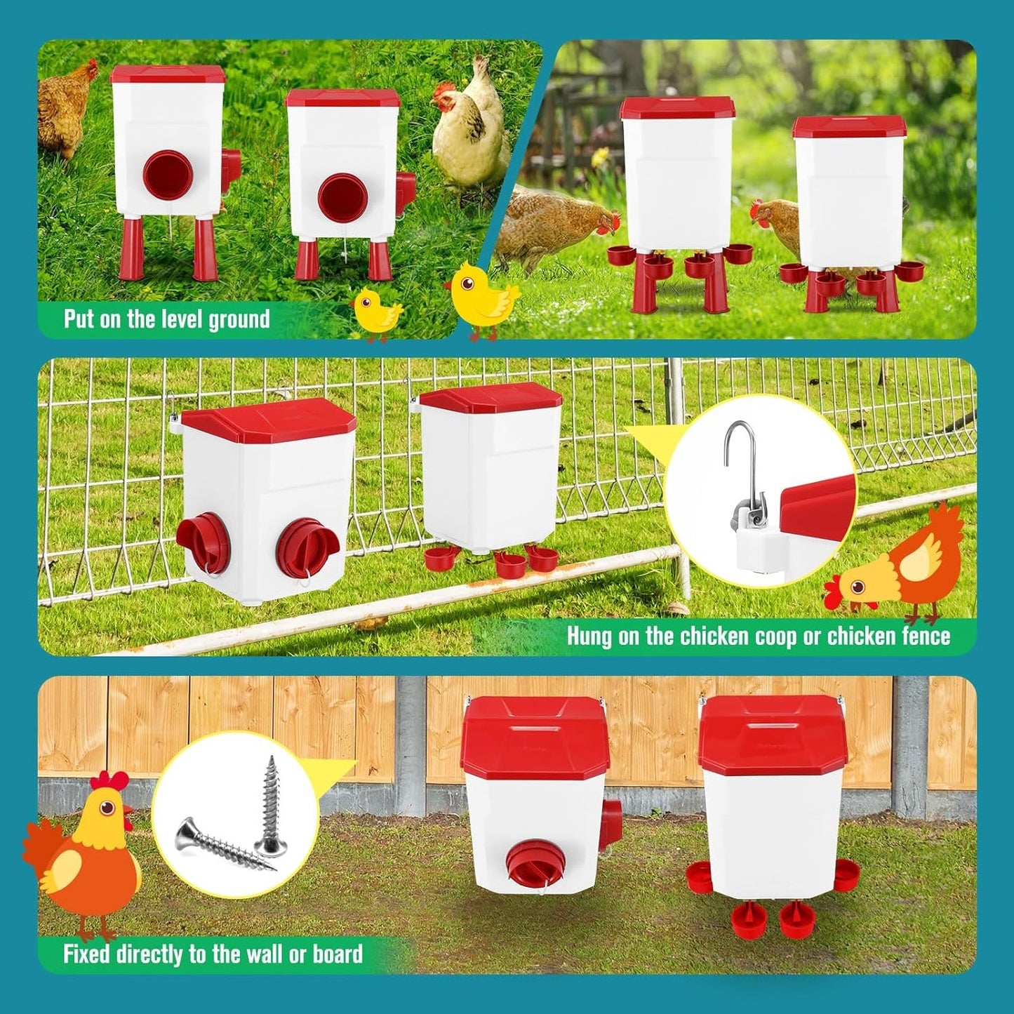 Automatic Chicken Feeder Waterer Set with 8KG Food 7L Water Capacity for Coop, Chickens, Ducks, Quails (Red)