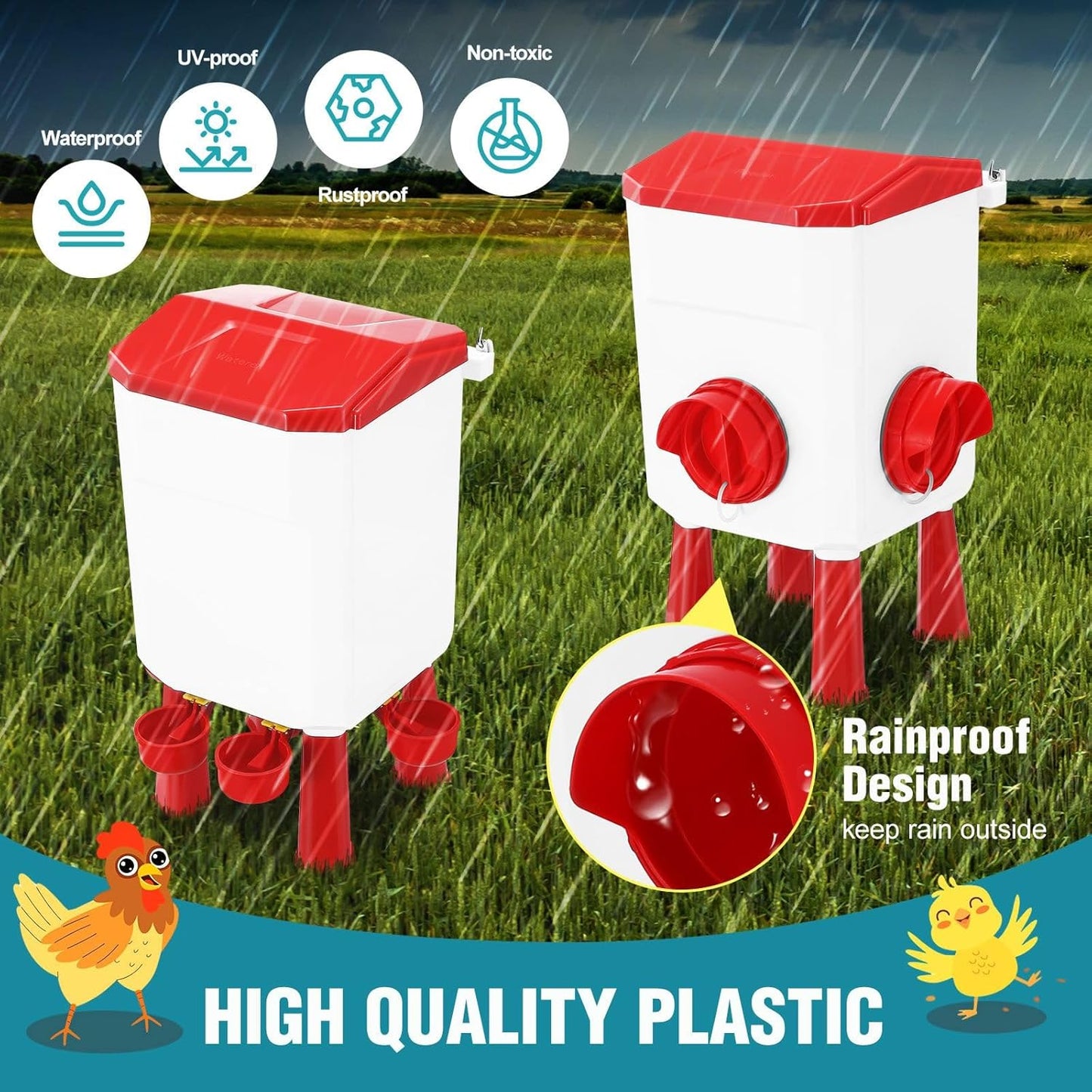 Automatic Chicken Feeder Waterer Set with 8KG Food 7L Water Capacity for Coop, Chickens, Ducks, Quails (Red)