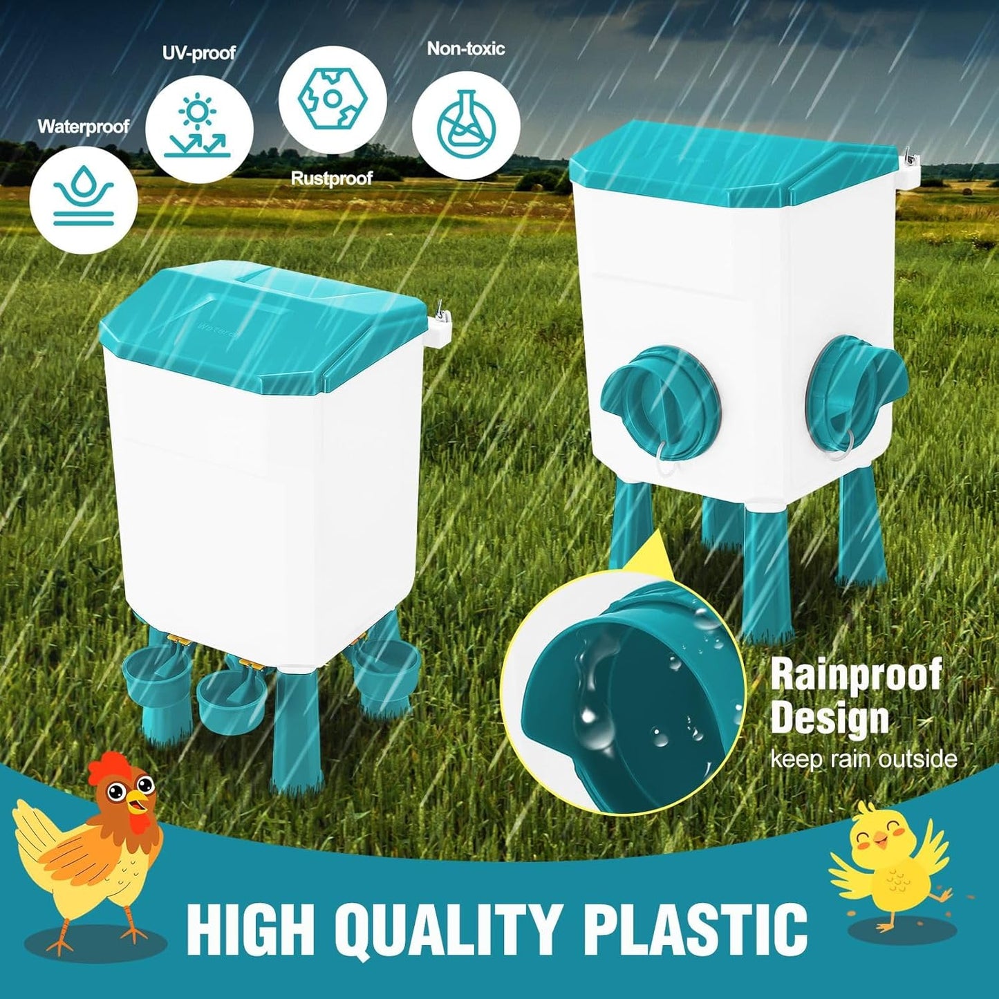 Automatic Chicken Feeder Waterer Set with 8KG Food 7L Water Capacity for Coop, Chickens, Ducks, Quails (Blue)