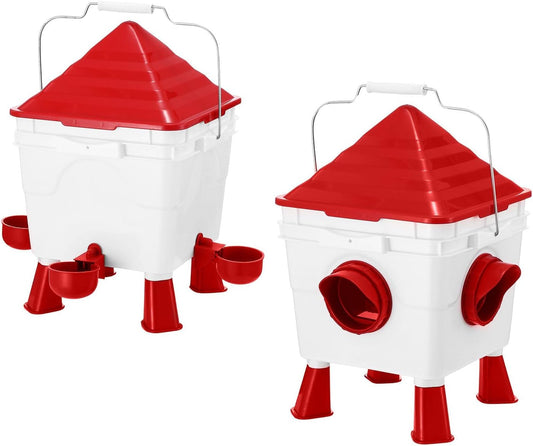 Chicken Feeder Waterer Set, Automatic Gravity Dispenser with 8KG Food & 8L Water Capacity, 4 Ports & Cups, Clean Poultry Feeding for Coop, Duck, Quail, Hen