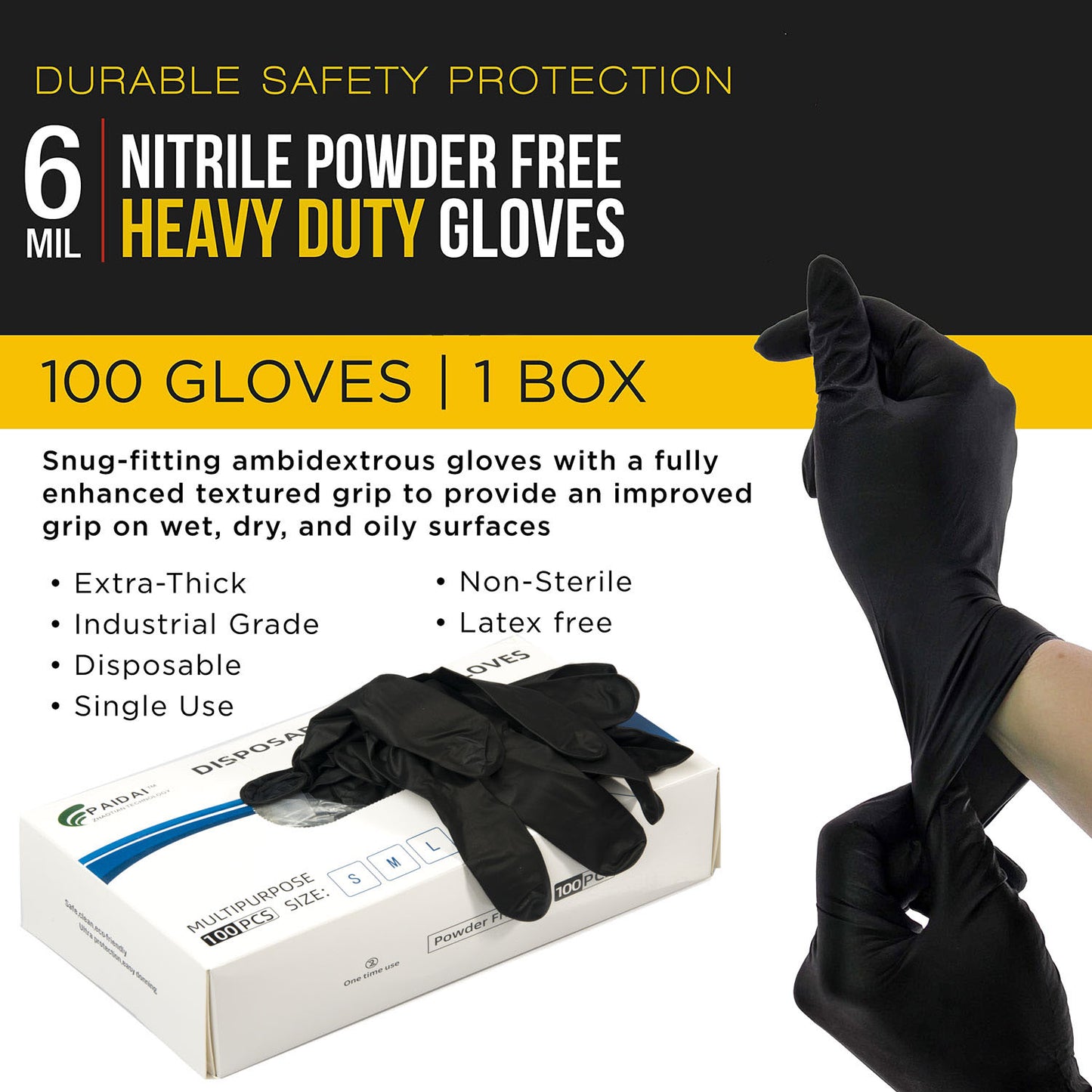 Heavy-Duty 6 Mil Nitrile Gloves - 100 Pack, Super Strong & Latex-Free for Industrial Use (Large)