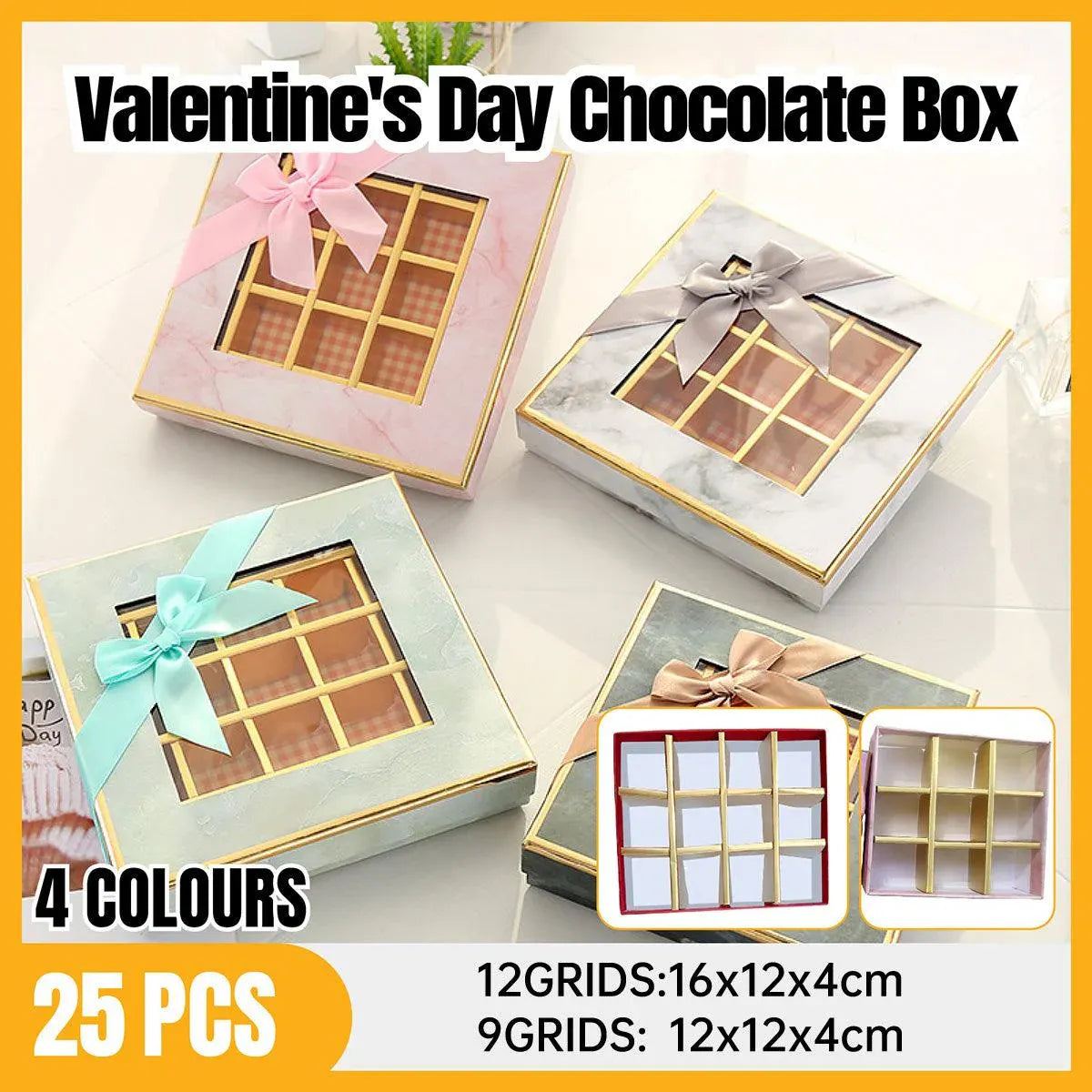 Valentine's Day Chocolate Box 9-Grid - Gift Display Window Gray 25-Pack