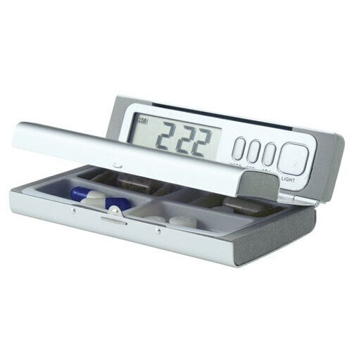 Travel Pill Box with 4 Daily Alarms – Portable Medication Reminder Case in Matte Silver Aluminium