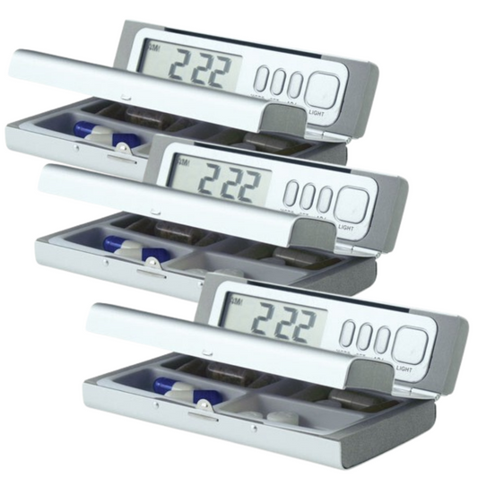 3 x Travel Pill Box with 4 Daily Alarms – Portable Medication Reminder Case in Matte Silver Aluminium