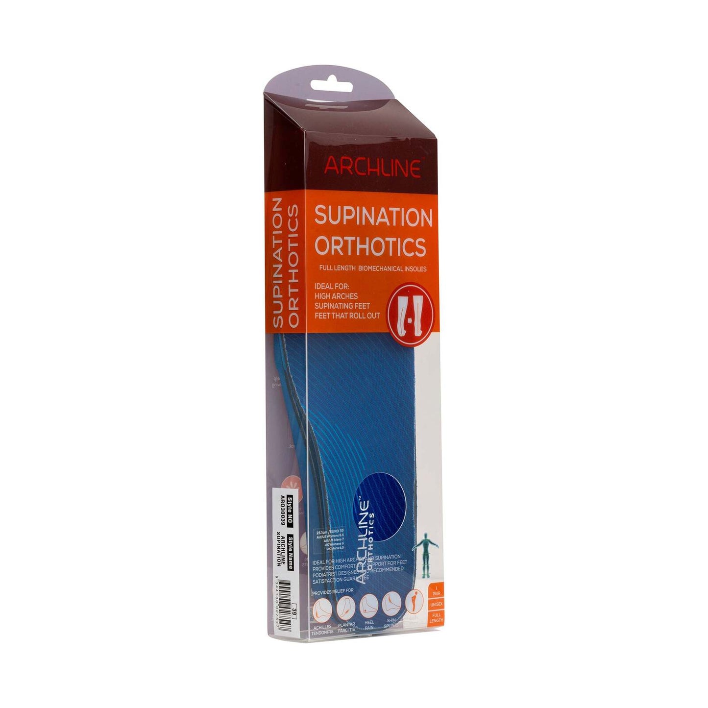 Archline Supination Orthotic Insoles - Full Length (Unisex) Plantar Fasciitis High Arch - Euro 44