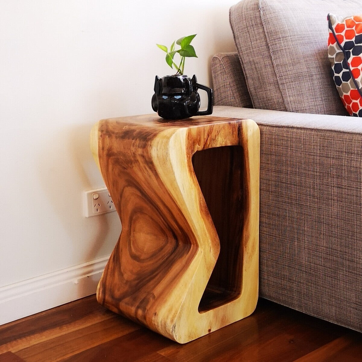 B Shape Raintree Wood Side Table Plant Stand Stool 50cm - Clear Finish
