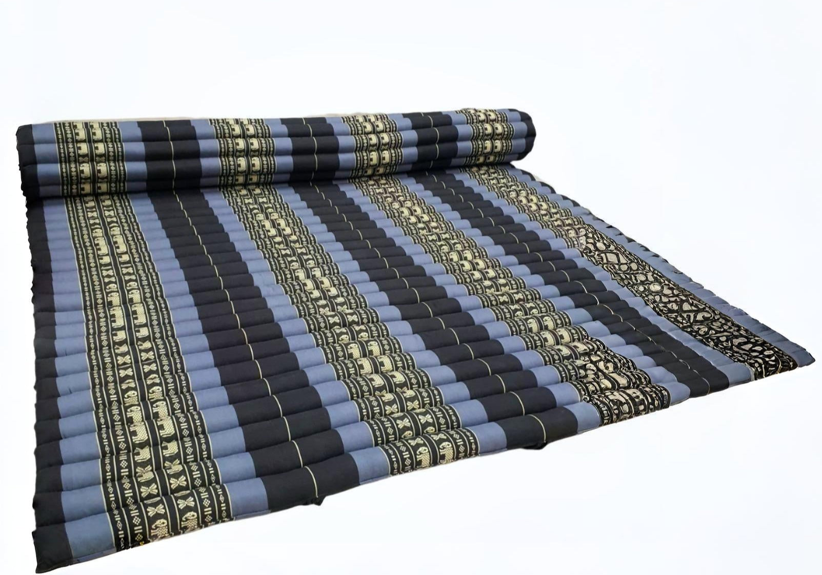 Rolled-up striped mat with blue, black, and beige pattern on a white background