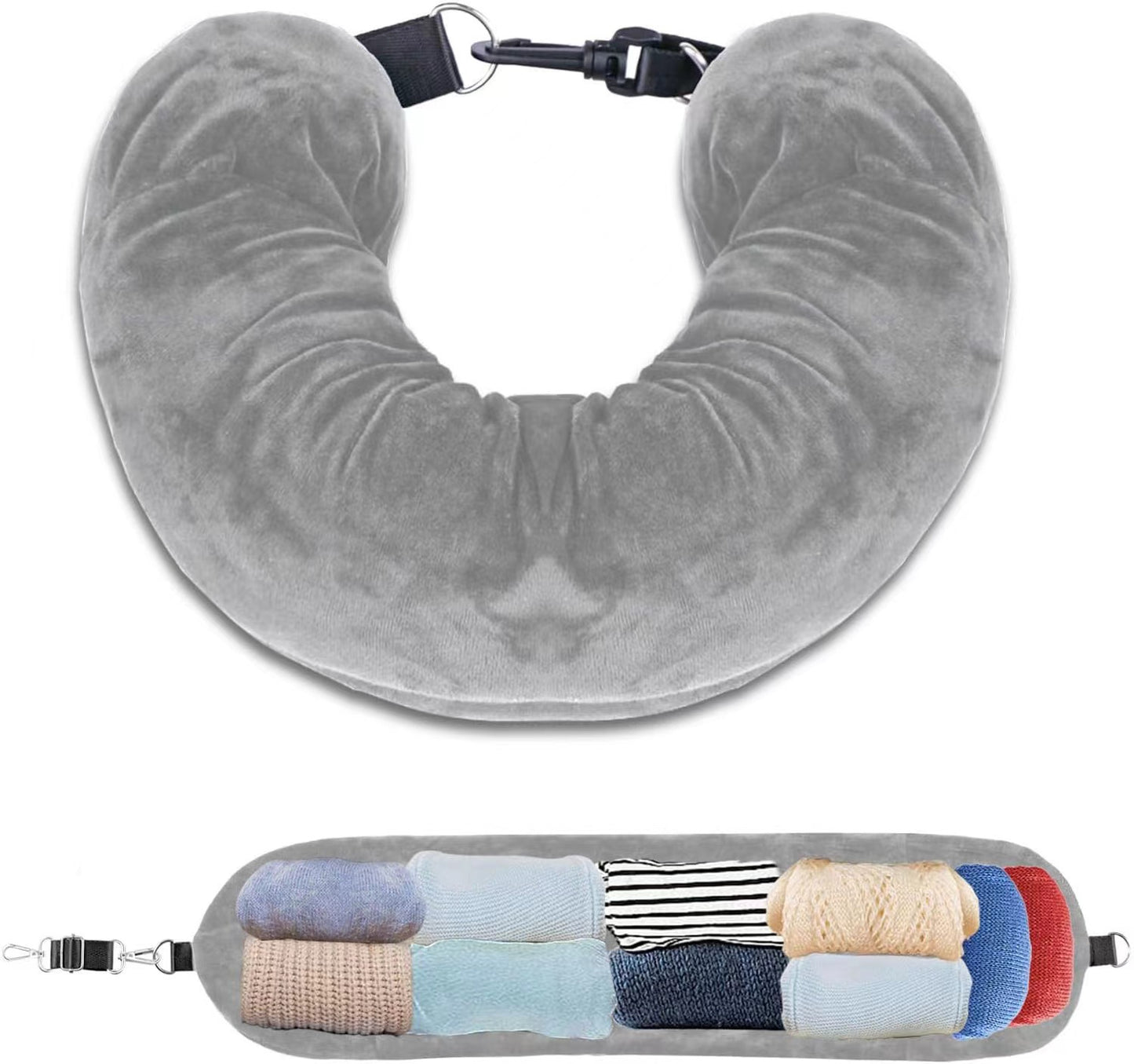 Grey Suede Refillable Travel Neck Pillow with Storage Bag - Lightweight