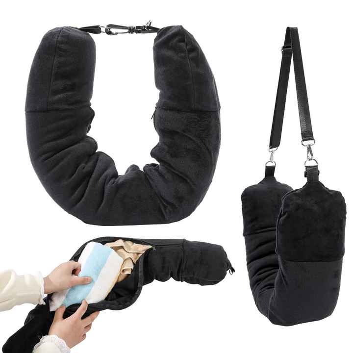 Grey Suede Refillable Travel Neck Pillow with Storage Bag - Lightweight