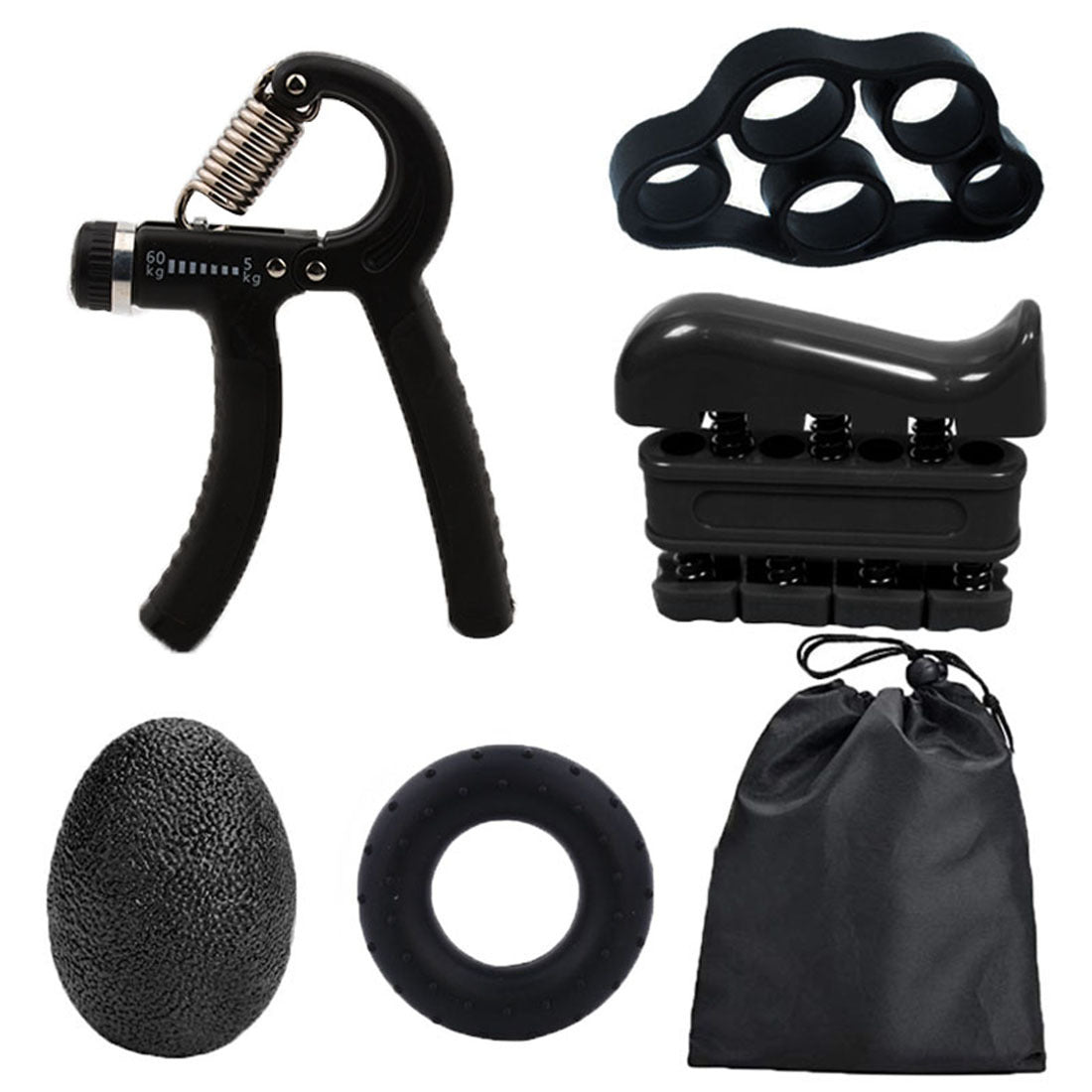 Black Hand Grip Strength Training Set 5-Piece - Adjustable Grip Exerciser & Rings