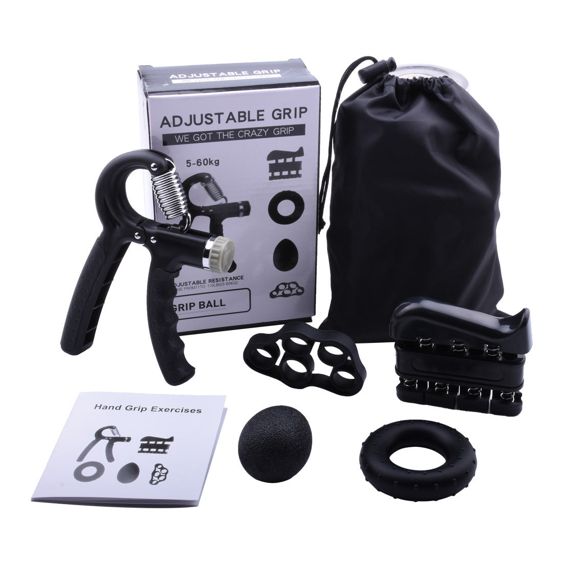 Black Hand Grip Strength Training Set 5-Piece - Adjustable Grip Exerciser & Rings