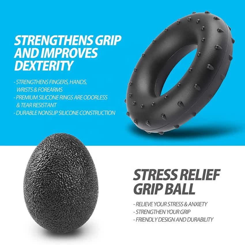 Black Hand Grip Strength Training Set 5-Piece - Adjustable Grip Exerciser & Rings
